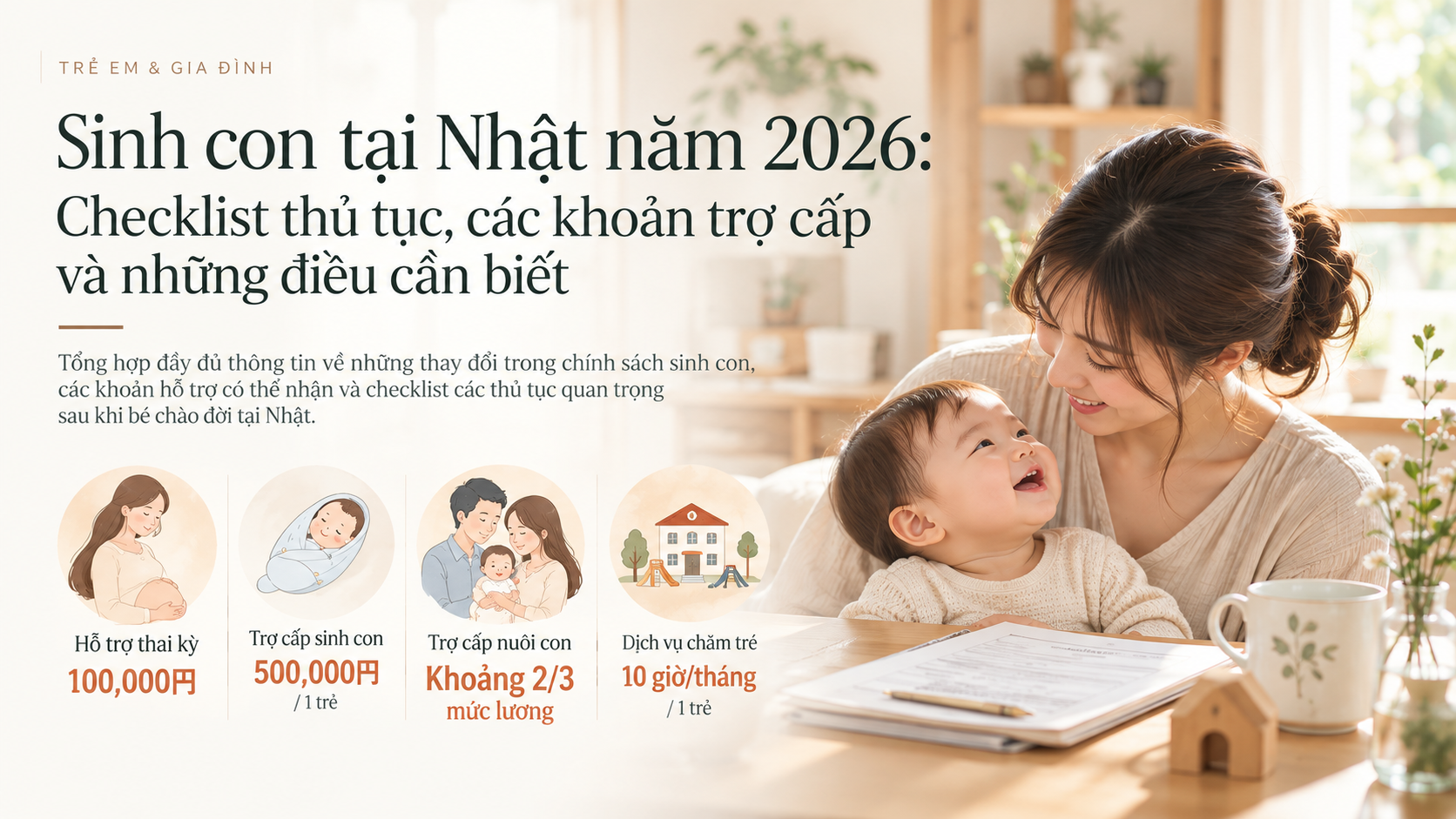Mẹ và em bé trong gia đình Việt chuẩn bị cho việc sinh con và nuôi con tại Nhật