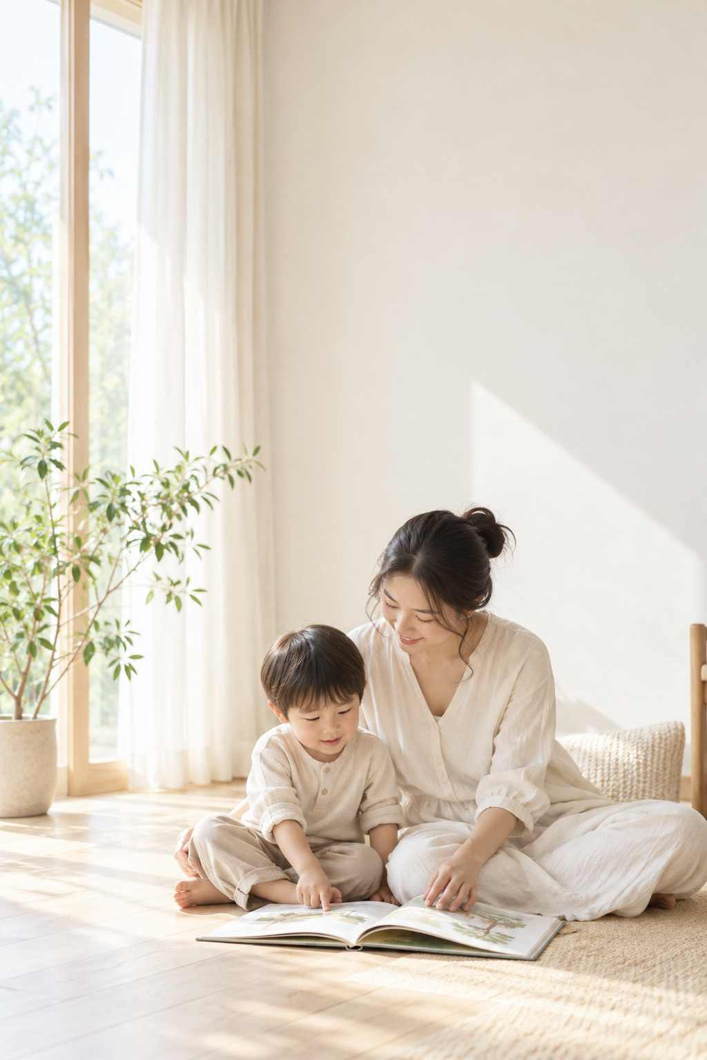 Mẹ và bé cùng đọc sách trong căn nhà ngập nắng
